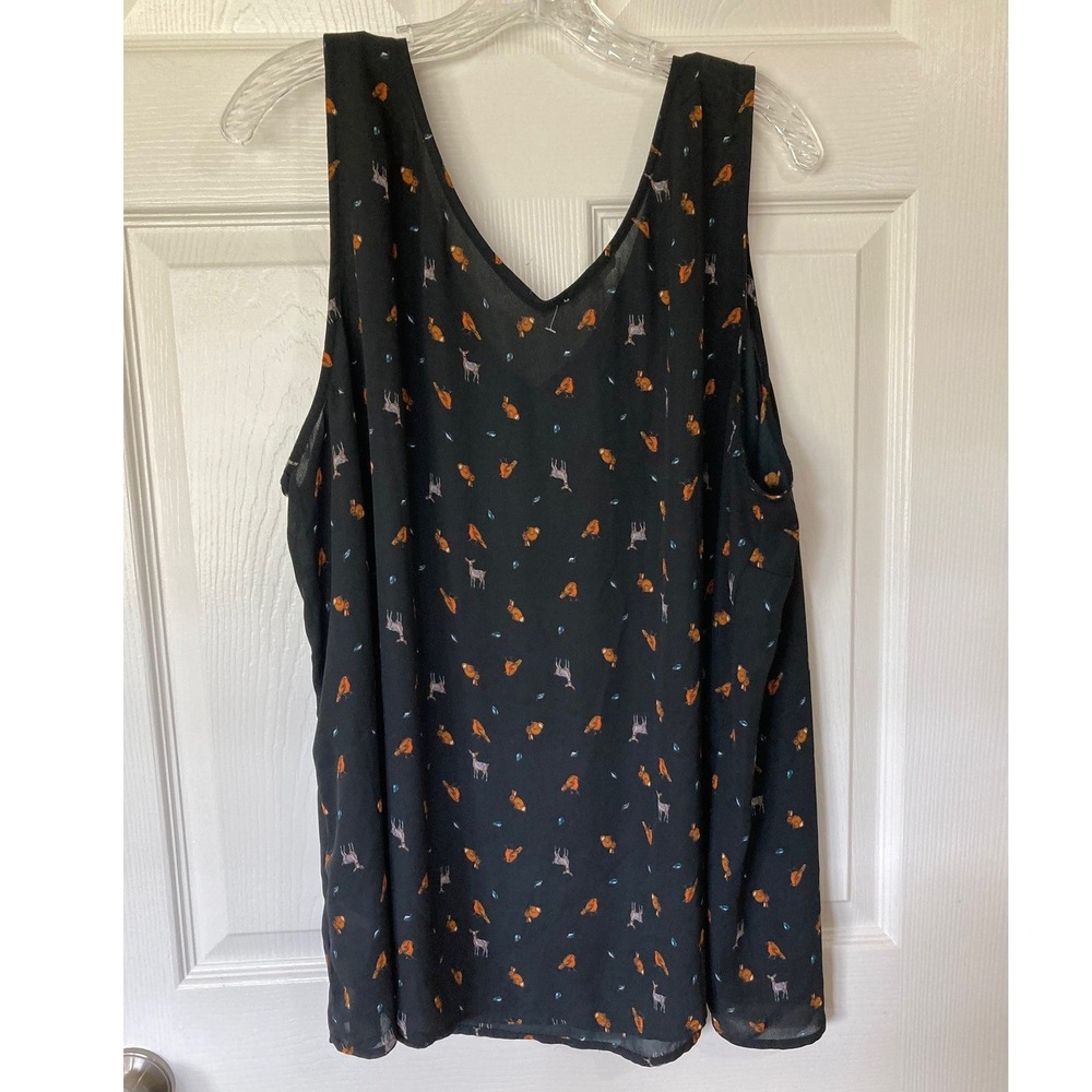 Maurices Womens Woodland Animal Print V-Neck Sleeveless Blouse Black 3X Whimsy
